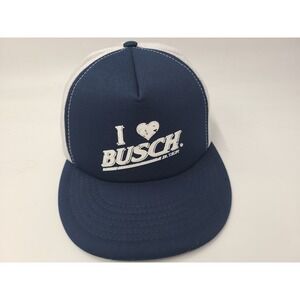 I Love Busch Beer Mesh Trucker Snapback Hat Cap Heart Logo Men Women Blue White
